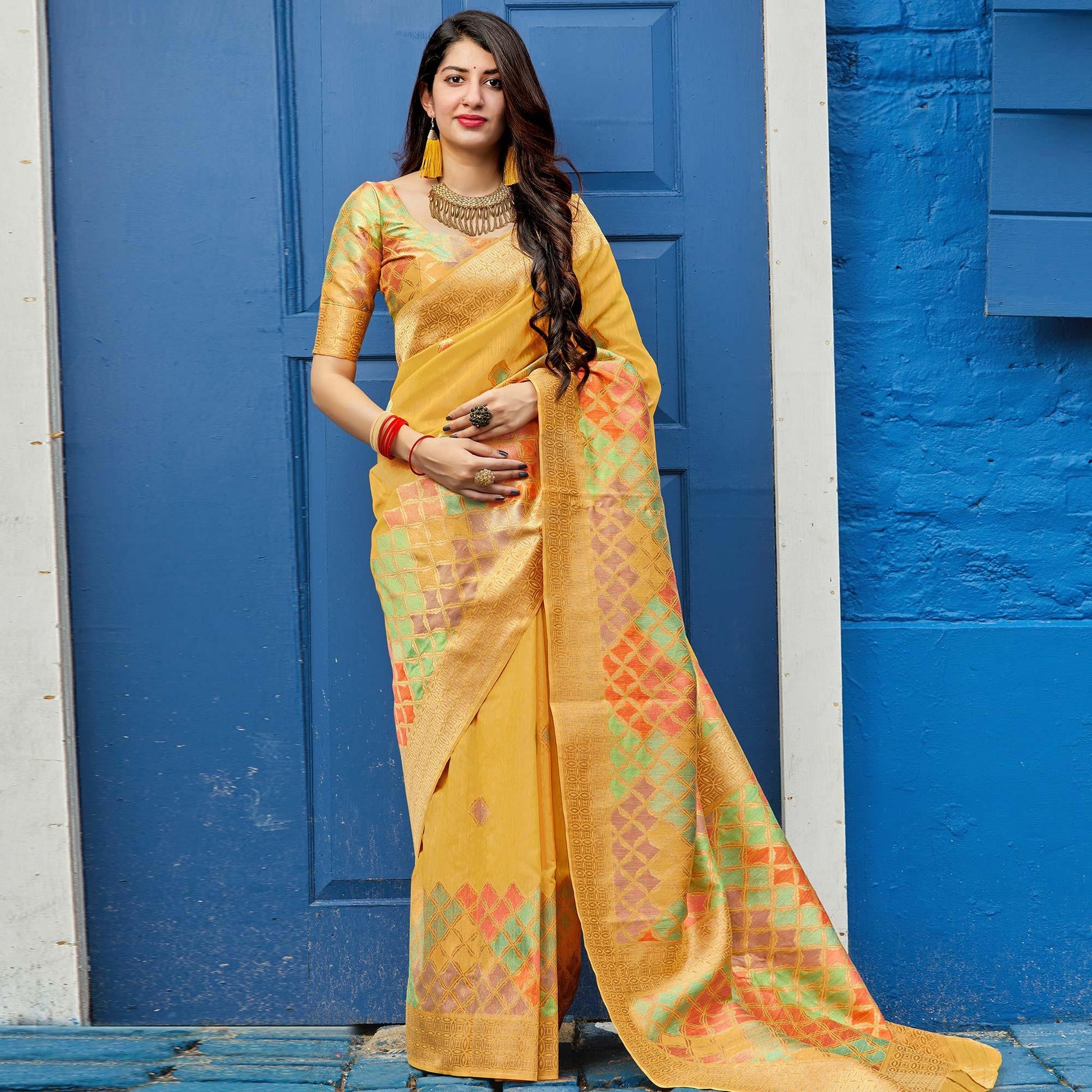 Intricate Yellow Colored Festive Wear Woven Silk Saree