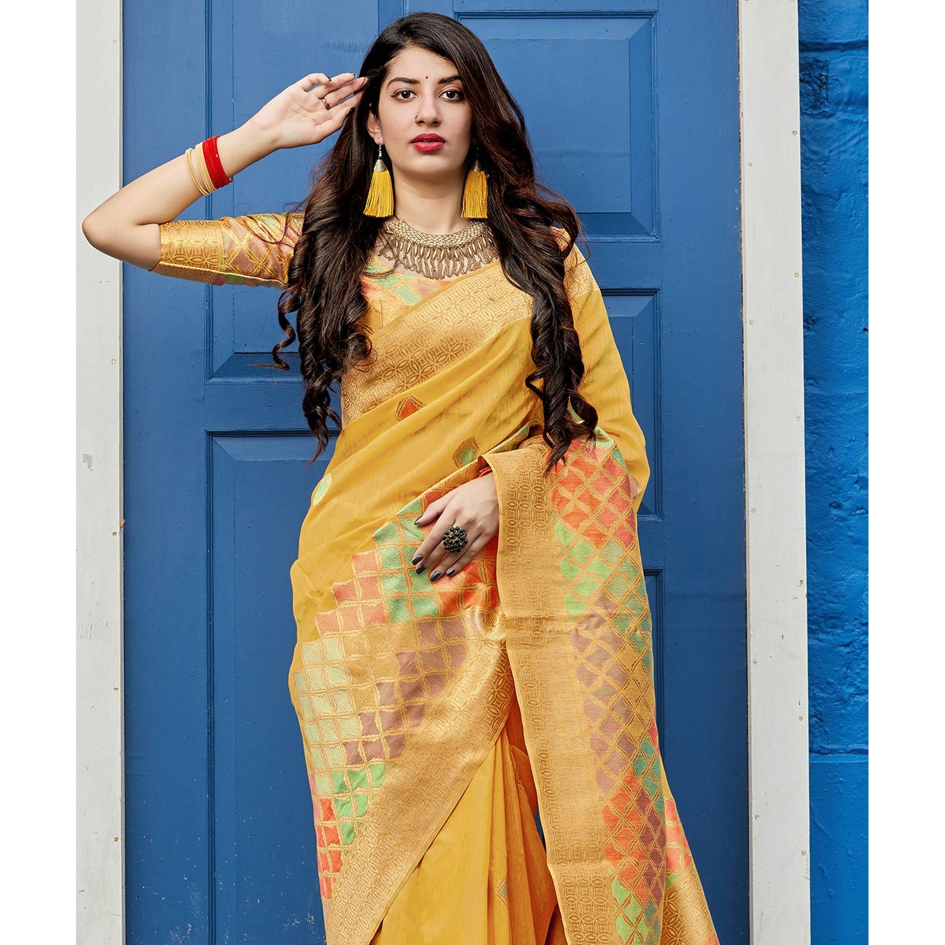 Intricate Yellow Colored Festive Wear Woven Silk Saree