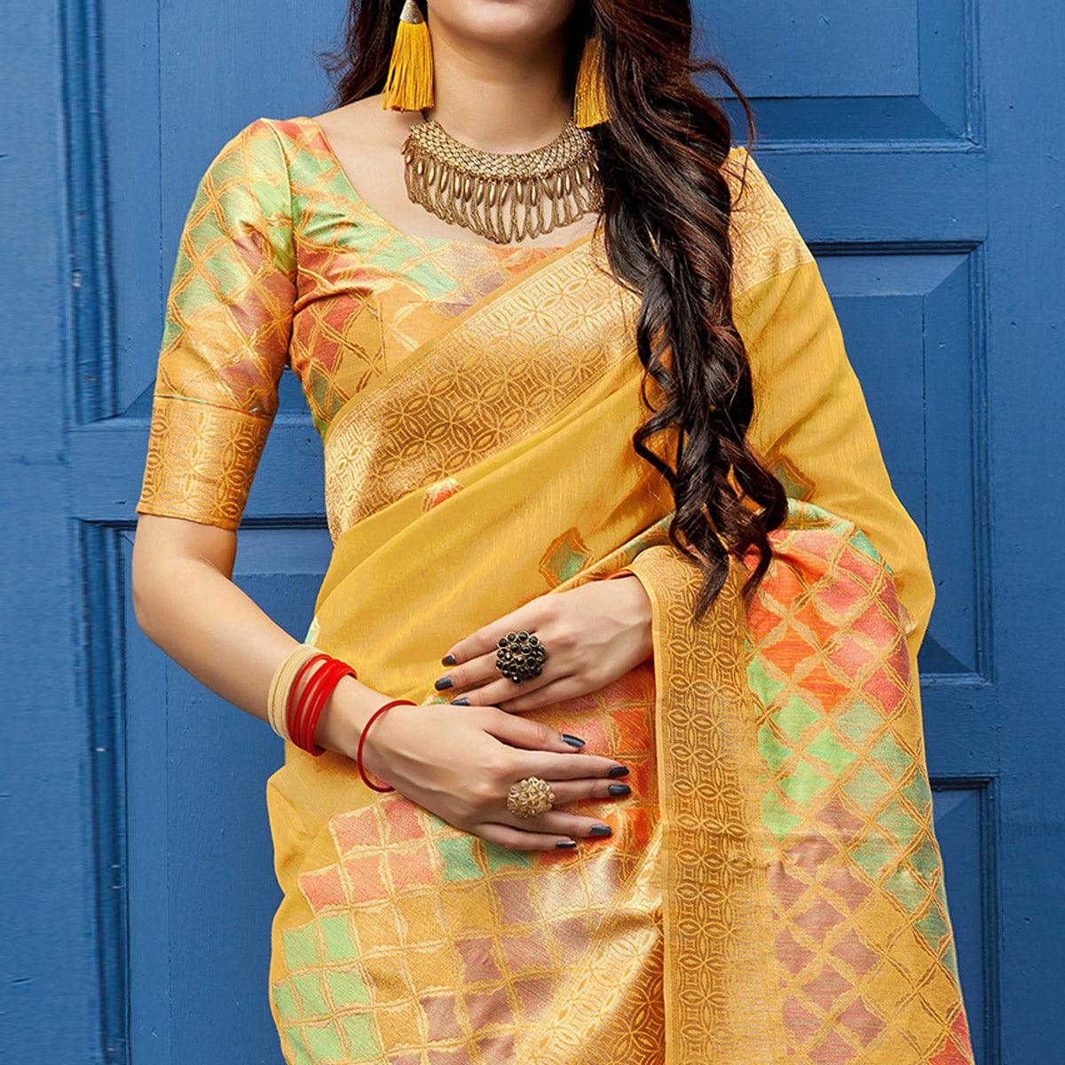 Intricate Yellow Colored Festive Wear Woven Silk Saree