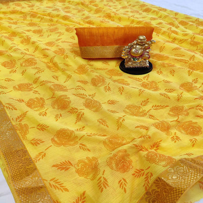 Intricate Yellow Coloured Casual Wear Printed Art Silk Saree