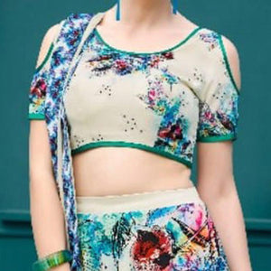 Invaluable Cream Colored Designer Partywear Digital Printed Silk Lehenga Choli