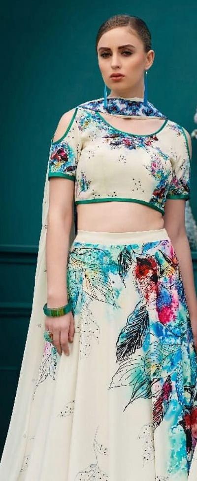 Invaluable Cream Colored Designer Partywear Digital Printed Silk Lehenga Choli