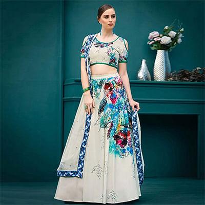 Invaluable Cream Colored Designer Partywear Digital Printed Silk Lehenga Choli