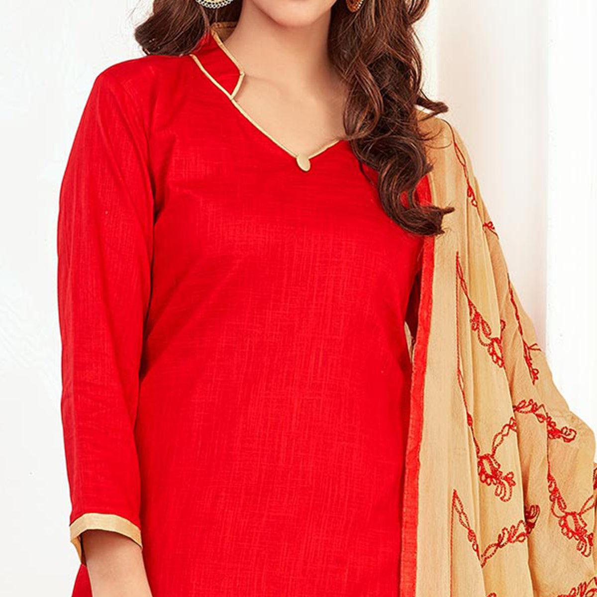 Invaluable Red Colored Casual Wear Cotton Suit