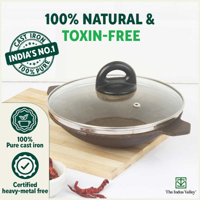 Super Smooth Cast Iron Appam Pan/Appachetty, Glass Lid,Pre-seasoned, Nonstick, 100% Pure, Toxin-free, 22cm, 1.9kg
