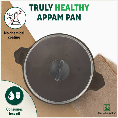 CASTrong Cast Iron Appam Pan/Appachetty, Glass Lid, Pre-seasoned, Nonstick, 100% Pure, Toxin-free, Induction, 22cm, 1.5kg