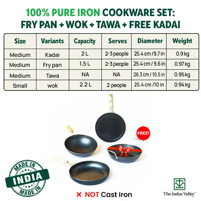 100% Pure Iron Cookware Set: Free ₹799 Kadai+ Tawa+ Fry Pan+ Wok, Toxin-free Sheet Iron, Pre-seasoned, Induction & Gas, Kitchen Set for Home