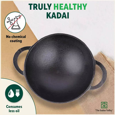 CASTrong Cast Iron Kadai+ Free ₹110 Spatula, Pre-seasoned, Nonstick, 100% Pure, Toxin-free, 25.2cm, 2.2L, 2.37kg