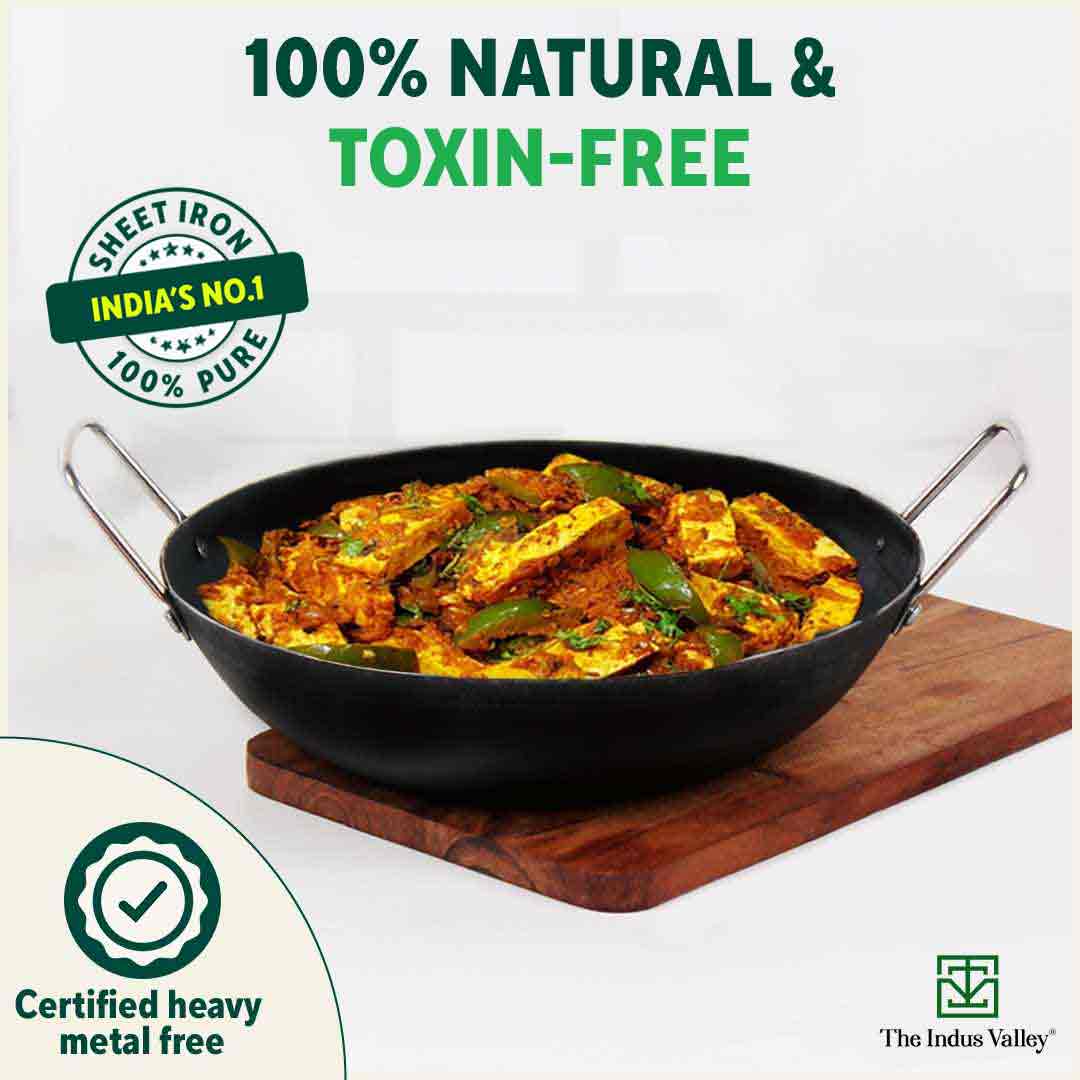 100% Pure Sheet Iron Kadai, Seasoned, Toxin-free, 1.4/2.7/4.4L, 0.6/0.9/1.4kg