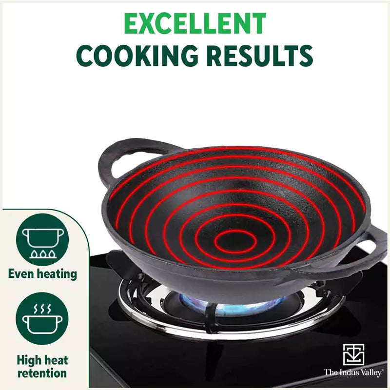 CASTrong Cast Iron Kadai+ Free ₹110 Spatula, Pre-seasoned, Nonstick, 100% Pure, Toxin-free, 25.2cm, 2.2L, 2.37kg