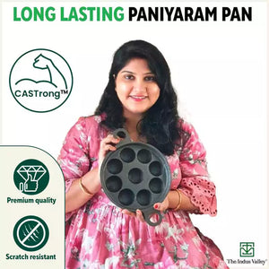 9 Pit/Cup CASTrong Cast Iron Paniyaram/Appe Pan+ Glass Lid, Pre-seasoned, Natural Nonstick, 100% Pure, Toxin-free, 21 cm, 2.7 kg