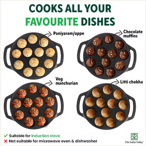 12 Pit/Cup CASTrong Cast Iron Kuzhi Paniyaram/Paddu Pan/Appe Maker+ Free Spatula, Pre-seasoned, 100% Pure, Toxin-free, 21 cm, 2.2 kg