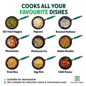 100% Pure Iron Wok with Steel Cool Touch Handle & Silicone Grip, Toxin-free Sheet Iron, Pre-seasoned, 2/3.5 L, 24.6/30.8 Cm, 1/1.4 Kg