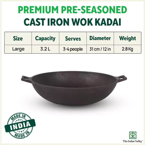 CASTrong Cast Iron Wok Kadai, Pre-seasoned, 100% Pure, Toxin-free, 31cm, 3.2L, 2.8kg