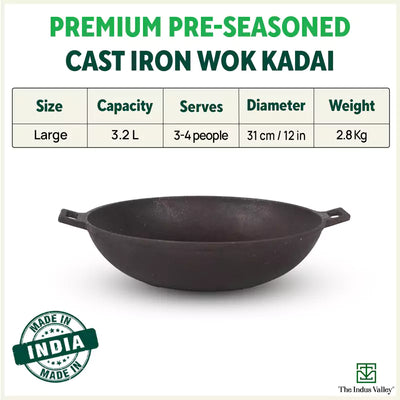 CASTrong Cast Iron Wok Kadai, Pre-seasoned, 100% Pure, Toxin-free, 31cm, 3.2L, 2.8kg