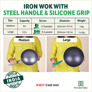 100% Pure Iron Wok with Steel Cool Touch Handle & Silicone Grip, Toxin-free Sheet Iron, Pre-seasoned, 2/3.5 L, 24.6/30.8 Cm, 1/1.4 Kg