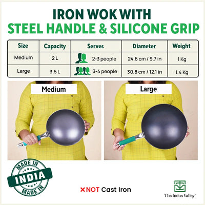 100% Pure Iron Wok with Steel Cool Touch Handle & Silicone Grip, Toxin-free Sheet Iron, Pre-seasoned, 2/3.5 L, 24.6/30.8 Cm, 1/1.4 Kg