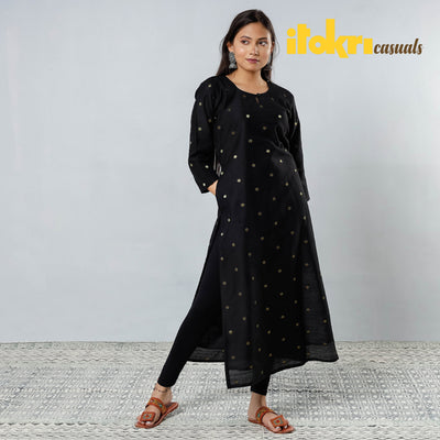 Black - Polka Zari Butta Spun Dupion Silk Long Straight Kurta 04