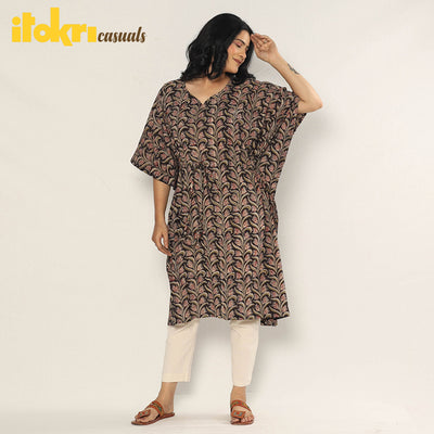 Black - Bagru Dabu Block Printing Cotton Kaftan Dress (Medium)