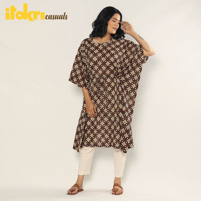 Brown - Bagru Dabu Block Printing Cotton Kaftan Dress (Medium)