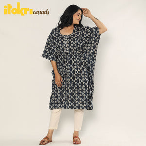 Black - Bagru Dabu Block Printing Cotton Kaftan Dress (Medium)