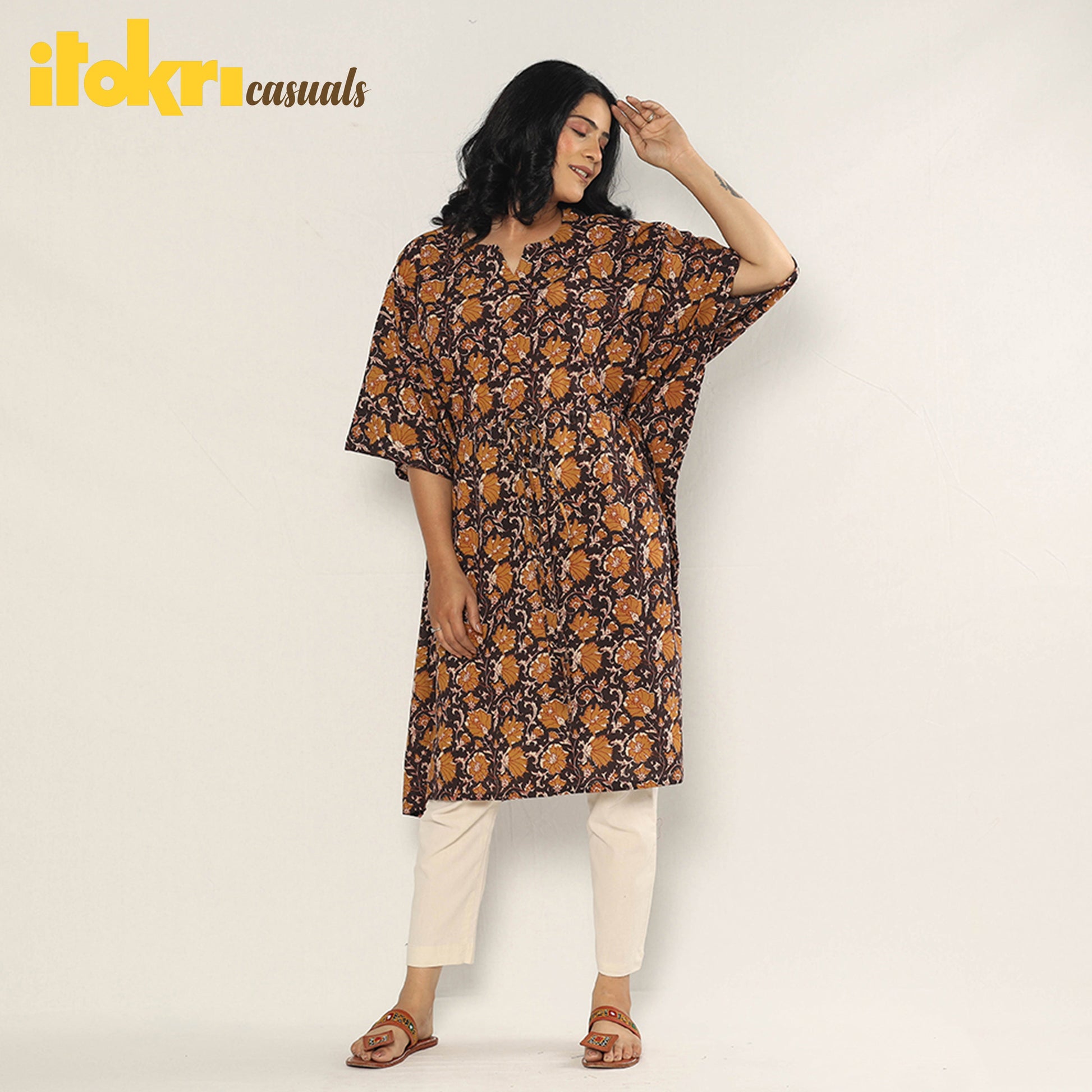 Black - Bagru Dabu Block Printing Cotton Kaftan Dress (Medium)