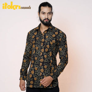 Black - Kalamkari Block Printed Cotton Men Full Sleeve Shirt