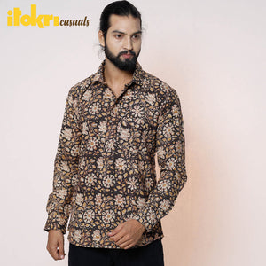 Black - Kalamkari Block Printed Cotton Men Full Sleeve Shirt