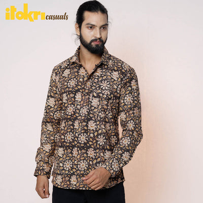 Black - Kalamkari Block Printed Cotton Men Full Sleeve Shirt