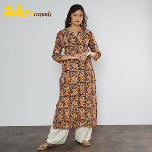 Brown - Kalamkari Block Printed Cotton Long Straight Kurta