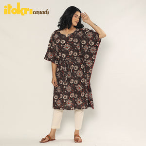 Black - Bagru Dabu Block Printing Cotton Kaftan Dress (Medium)