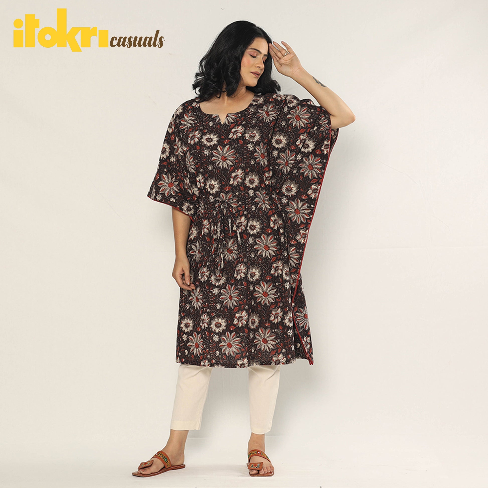 Black - Bagru Dabu Block Printing Cotton Kaftan Dress (Medium)