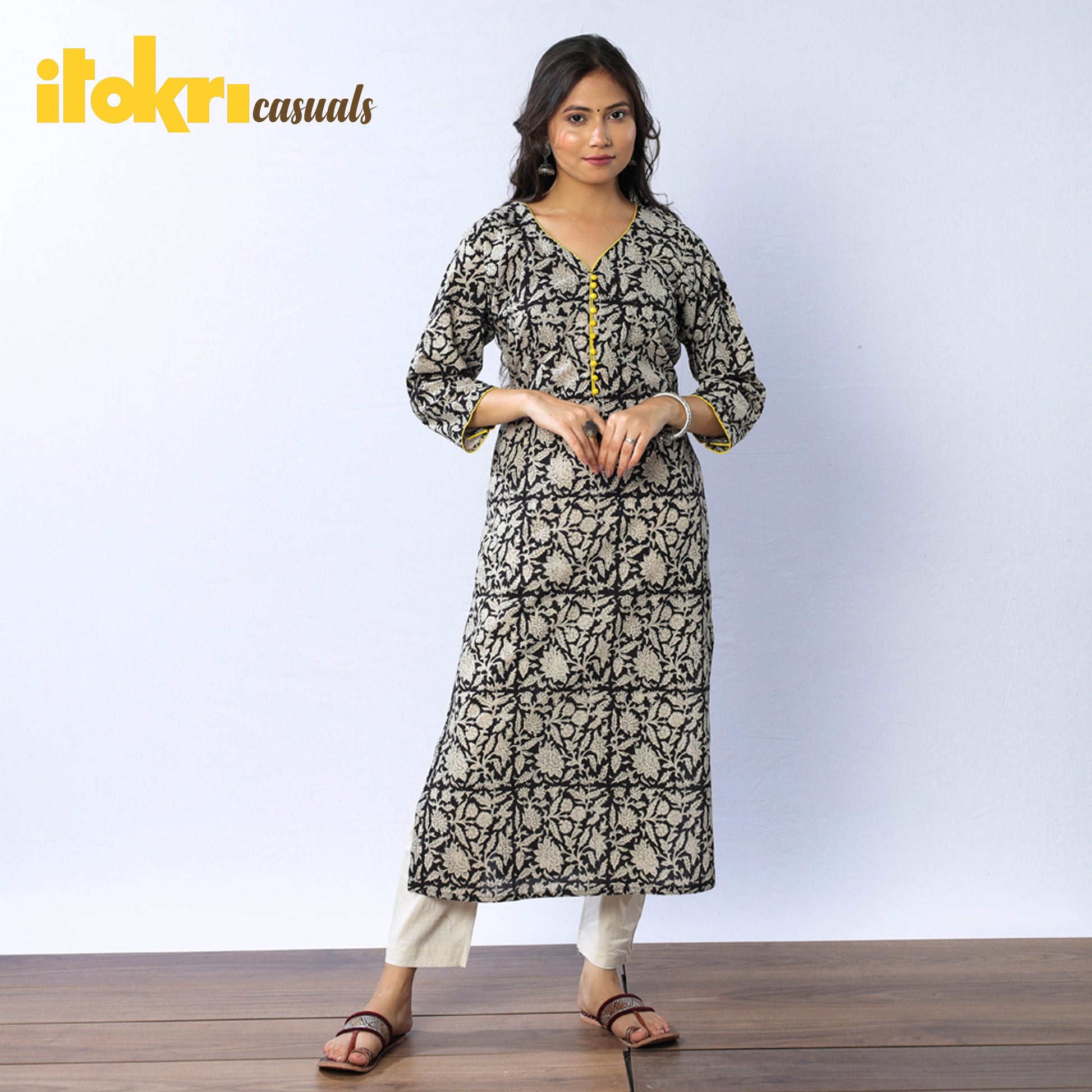 Black & White Floral Buta Bagru Block Printed Cotton Long Kurta