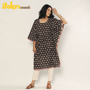 Black - Bagru Dabu Block Printing Cotton Kaftan Dress (Medium)