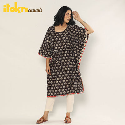 Black - Bagru Dabu Block Printing Cotton Kaftan Dress (Medium)