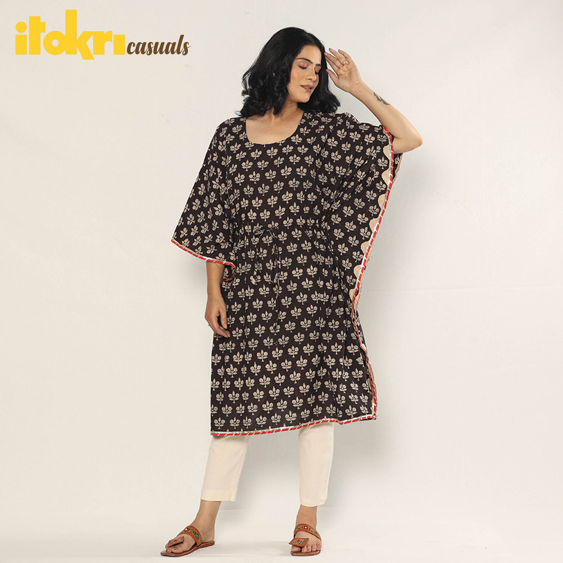 Black - Bagru Dabu Block Printing Cotton Kaftan Dress (Medium)