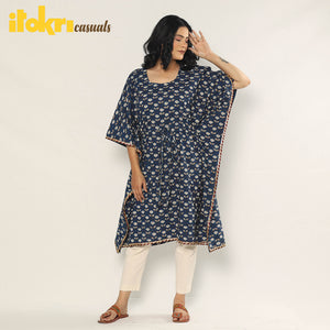 Blue - Bagru Dabu Block Printing Cotton Kaftan Dress (Medium)