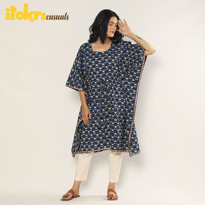 Blue - Bagru Dabu Block Printing Cotton Kaftan Dress (Medium)