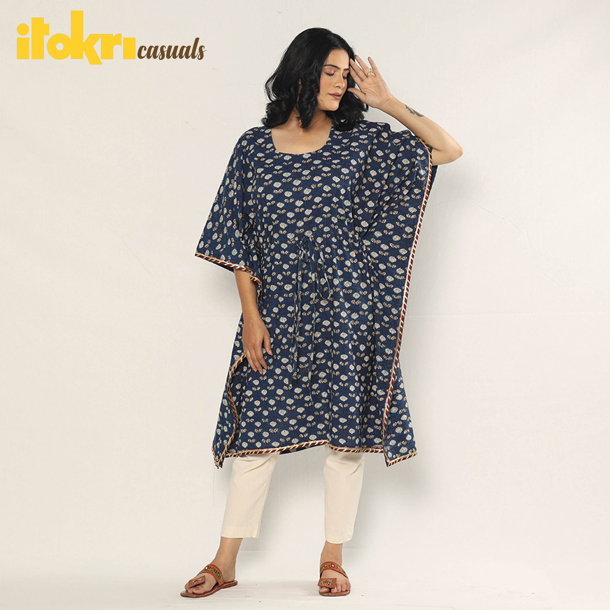 Blue - Bagru Dabu Block Printing Cotton Kaftan Dress (Medium)