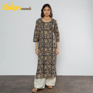 Brown - Kalamkari Block Printed Cotton Long Kurta