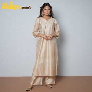 Beige - Tussar Silk Plain Long Straight Kurta
