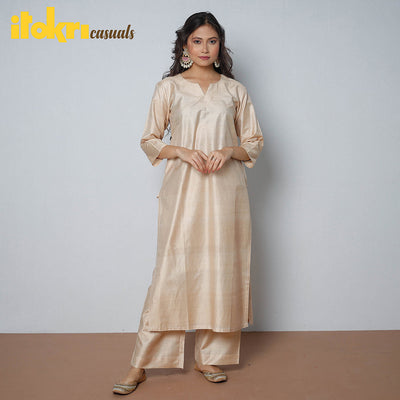 Beige - Tussar Silk Plain Long Straight Kurta