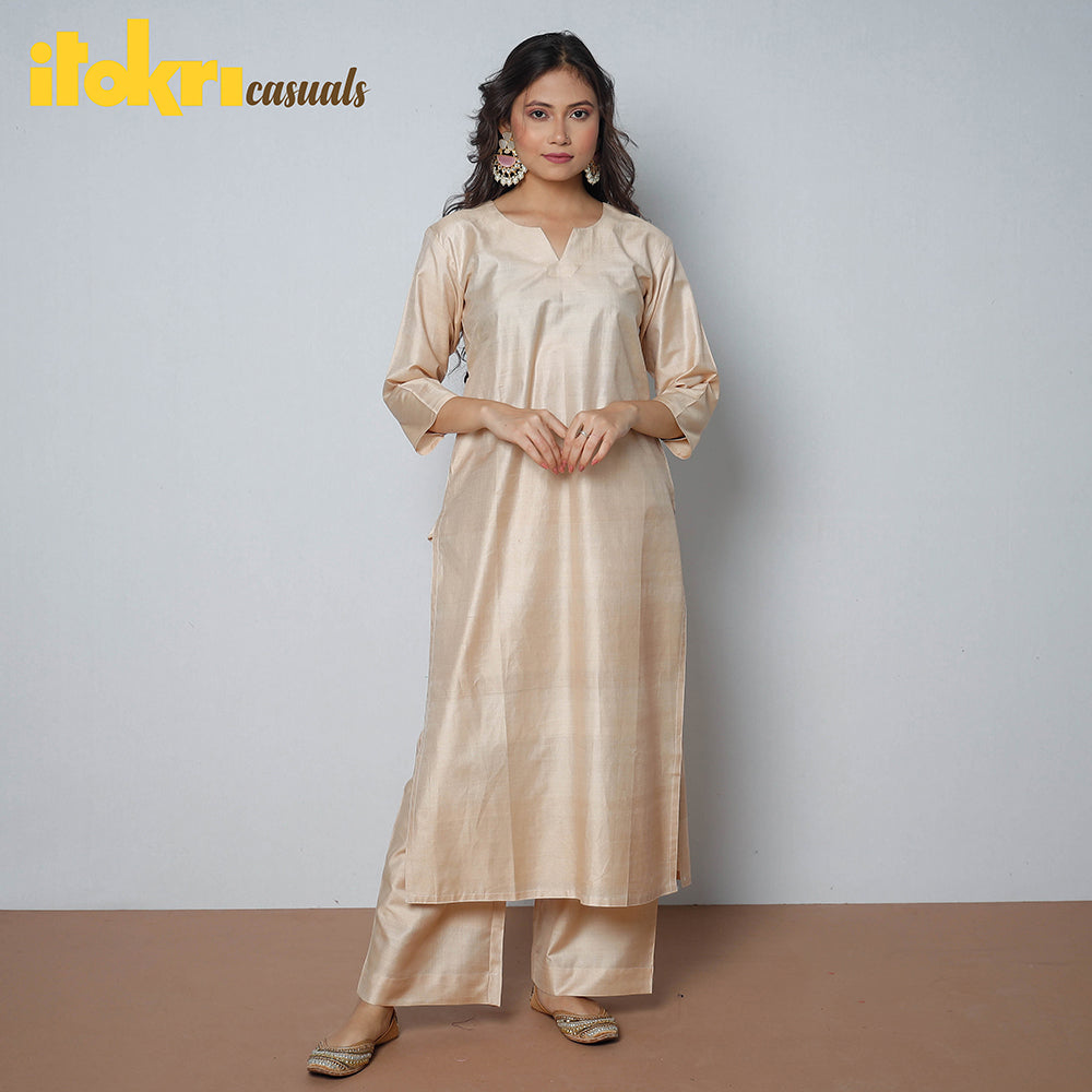 Beige - Tussar Silk Plain Long Straight Kurta
