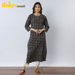 Black - Geometric Flowers Ajrakh Block Printing Cotton Long Straight Kurta