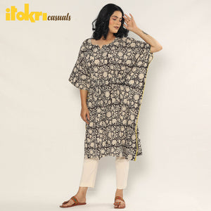 Black - Bagru Dabu Block Printing Cotton Kaftan Dress (Medium)