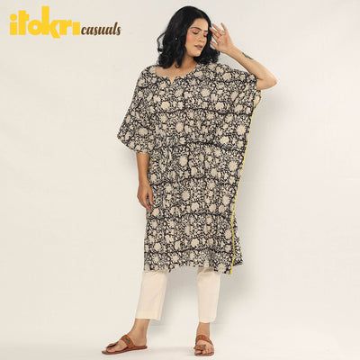 Black - Bagru Dabu Block Printing Cotton Kaftan Dress (Medium)