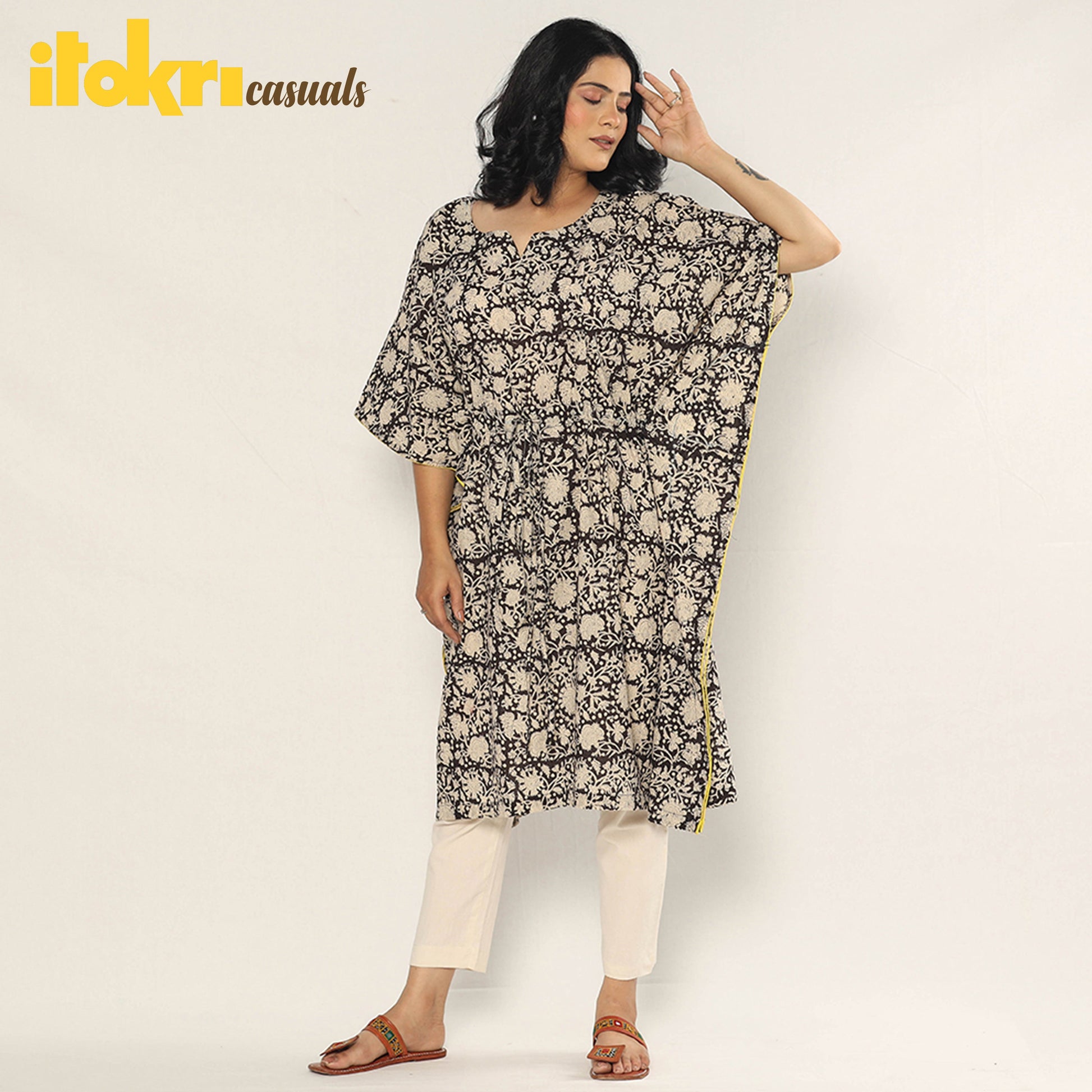 Black - Bagru Dabu Block Printing Cotton Kaftan Dress (Medium)