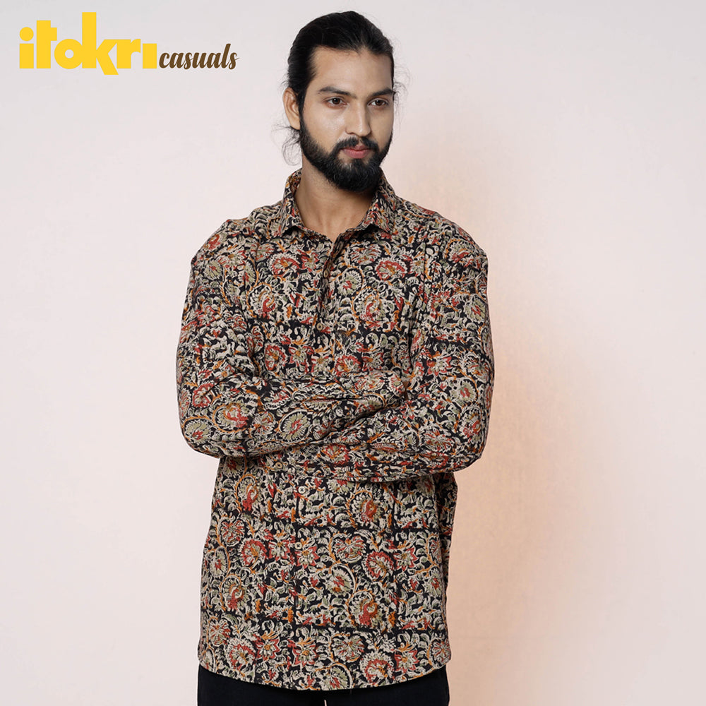 Black - Kalamkari Block Printed Cotton Men Full Sleeve Shirt