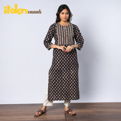 Black & Pinkish - Floral Buti Bagru Block Printed Cotton Long Kurta