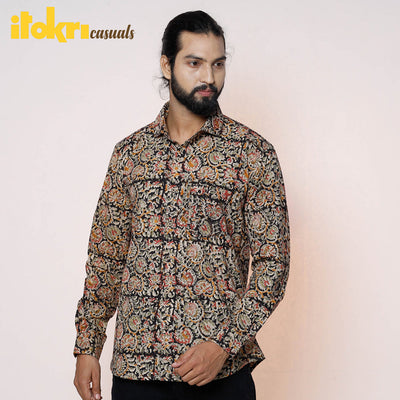Black - Kalamkari Block Printed Cotton Men Full Sleeve Shirt